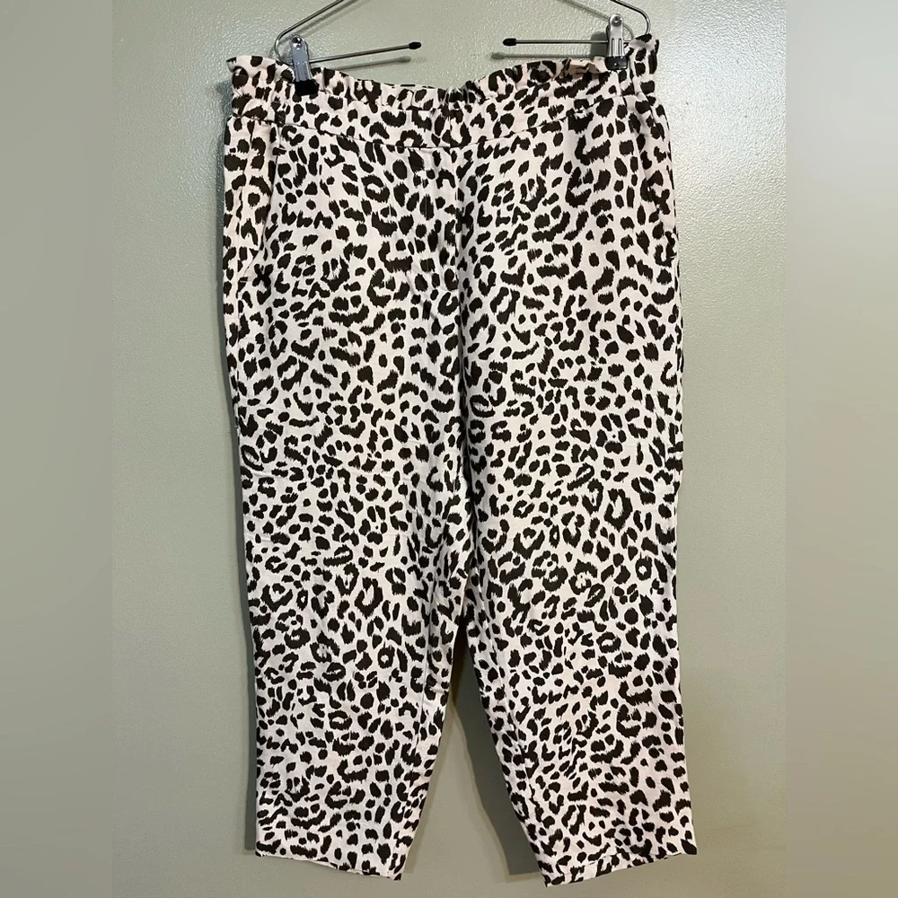 J Crew Womens Leopard Print Crop Ankle Pants Linen Bland Ruffed Waist Size 14